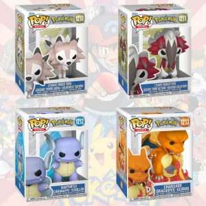 RESERVA FUNKO POP POKEMON PACK COMPLETO X 4 UNIDADES LYCANROC MIDDAY FORM 1210 LYCANROC MIDNIGHT FORM 1211 WARTORTLE CARABAFFE SCHILLOK 1212 PREMIUM CHARIZARD DRACAUFEU GLURAK 1213